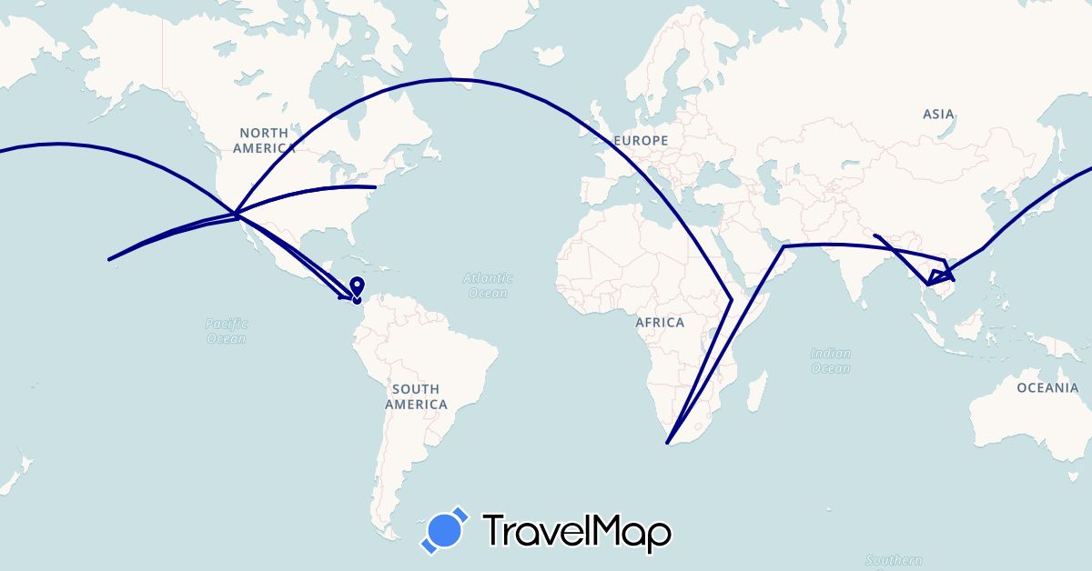 TravelMap itinerary: driving in United Arab Emirates, Belize, China, Costa Rica, Ethiopia, Ireland, Laos, Nepal, Panama, Thailand, United States, Vietnam, South Africa (Africa, Asia, Europe, North America)